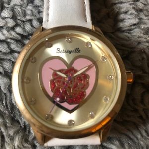 Betsey Johnson Floral Watch w/ White Leather Band